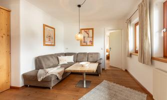 A modern living room with a brown sofa and a wooden table. The room has large windows that let in plenty of light and is tastefully decorated. The door leads directly into Alina's bedroom.