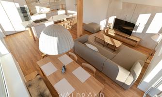 A modern living-dining room with a light wooden floor. The room is furnished with a comfortable sofa, a large dining table, and an elegant lamp.