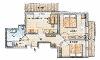 An apartment floor plan drawing with three bedrooms, a living/dining area, and two balconies. The bathroom and the toilet rooms are also marked.