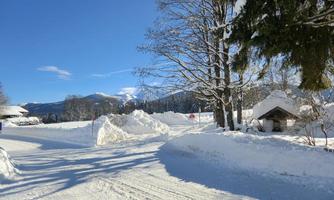 A winter landscape with snow-covered trees and a clear blue sky. The path is thickly covered with snow, while mountains can be seen in the background.