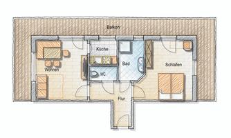 A floor plan drawing of an apartment. The rooms include a living room, kitchen, bathroom, WC, bedroom, and a balcony.