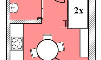 A simple apartment floor plan sketch with a bathroom, a kitchen, and a living area. The plan also shows two bedrooms and a dining area.