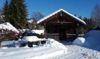 A cozy wooden house in winter, surrounded by snow-covered trees. The clear sky and the sun create an inviting atmosphere.
