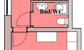 A floor plan of an apartment. The plan shows a room, a bathroom/WC, and an area for cooking/eating.