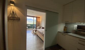 A modern apartment with an open kitchen and access to a balcony. The space is bright and inviting, overlooking nature.