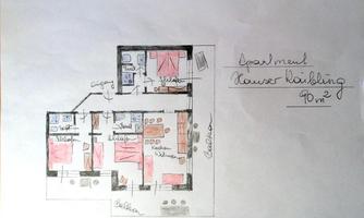 A simple floor plan of an apartment with various rooms such as bedroom, living room, and kitchen. The area is 90 m².