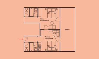 A floor plan of an apartment with several rooms. The rooms are clearly marked, including living room, bedroom, and bathrooms.