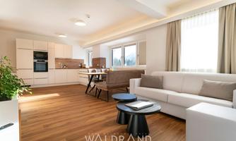 A modern living room with an open kitchen. Bright furniture and large windows create a friendly atmosphere.
