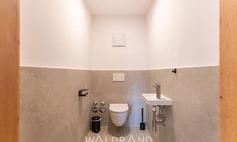A modern bathroom with a toilet and a small sink. The walls are painted in neutral colors.