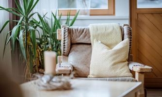 A cozy armchair with a cushion and a blanket is in a room with plants. A table is visible in the foreground.