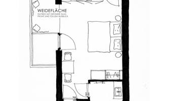 A simple sketch of a floor plan for a Mini type apartment with a living space of 30 m². The design shows different rooms such as bedroom, living area, and kitchen.