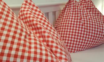 Two red and white checked cushions in a cozy setting. They are triangular shaped and give the room a friendly look.