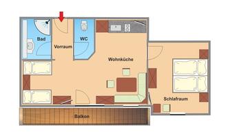 A clear apartment with a living room, bedroom, and balcony. The kitchen and bathroom are also shown.