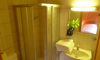 A small bathroom with a shower, a sink, and a mirror. Fresh towels and a vase with flowers are on the sink.
