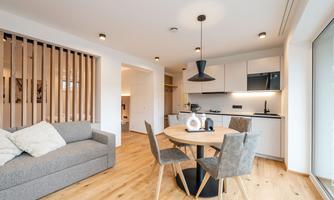 A modern living room with a cozy couch and a dining table. The kitchen in the background is well-equipped and bright.