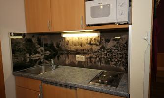 A small kitchenette with wooden cabinets, a sink, and a stovetop. In the background, there is a photo wallpaper with a landscape view.