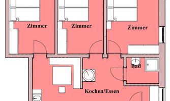 A floor plan drawing of an apartment with three rooms and a bathroom. The kitchen is designed to be open to the dining area.