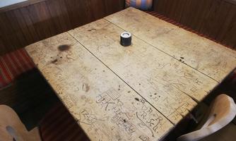 A table with an uneven surface, adorned with scratches and drawings. In the center stands a small candle, and in the background are candle lights visible.