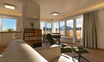 A modern living room with large windows and a beautiful view of the mountains. The decor is minimalist with a comfortable sofa and a dining area.