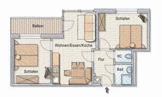 An apartment with two bedrooms, a living and dining area, and a kitchen. The layout also shows a bathroom, a toilet, and a balcony.