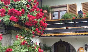 A charming house with a balcony that is full of bright red flowers. The entrance is inviting with decorative elements.