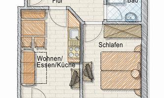 A scheduled representation of an apartment with a living and dining area, a kitchen, a bedroom, and a bathroom. The balcony is also indicated.