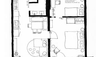 An apartment floor plan with an area of 66 m². The layout shows a living room, two bedrooms, and a kitchen.