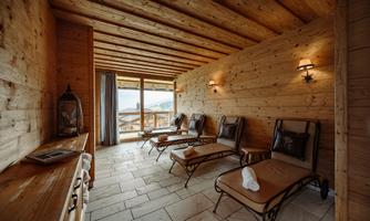 A cozy relaxation room with wood paneling and several loungers. Large windows offer a view of nature.