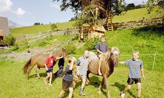 A group of children is playing on a meadow with ponies. In the background, a wooden house and a hilly landscape can be seen.