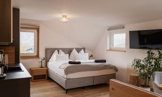 A cozy bedroom with a large bed and several pillows. There are windows with plenty of light and a television on the wall.