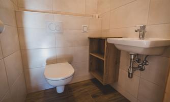 A modern bathroom with a toilet and a small sink. The walls are tiled and the decor is simple and functional.