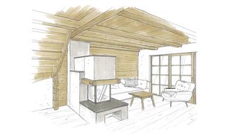 A cozy living space with wooden ceilings and modern heating. The furniture is simple and gives the room a warm atmosphere.