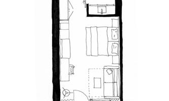 A simple sketch of the "Type Suite Bergglück" with an area of 32 m². The depiction shows the arrangement of furniture and rooms.