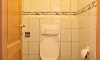 A simple bathroom with a toilet and wood and tile accents. The walls are light-colored tiled and there is a toilet paper holder.