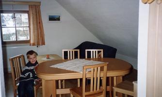 A cozy dining area with a round table and wooden chairs. A boy is sitting smiling at the table in an attic apartment.