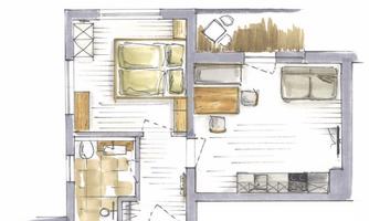 A floor plan of a small apartment. The drawing shows a bedroom, a living room, and a bathroom in a modern style.
