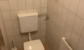 A small bathroom with a white toilet and tiled walls. On the right is a radiator and a toilet brush holder.