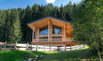 A modern wooden house in the midst of a forest, surrounded by green spaces. Large windows offer a view of nature.