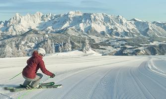A skier glides through the snowy landscape. In the background, impressive snow-covered mountains can be seen.