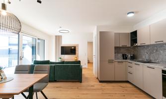 A modern apartment with an open living area featuring a green couch and a dining table. The kitchen showcases modern appliances and simple furniture.