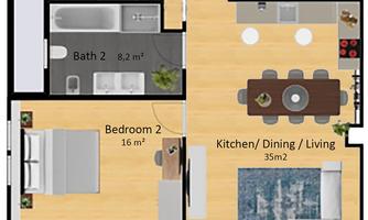 The image shows a floor plan of a penthouse apartment with three bedrooms, two bathrooms, and an open living area. The loggia is also marked, along with a storage room and a toilet.