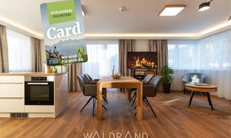 A modern living room with a dining table, chairs, and a cozy seating area. In the foreground, the Schladming-Dachstein Card is visible.