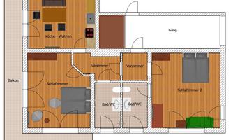 An apartment with several rooms, including a kitchen, living room, and two bedrooms. There are also two bathrooms and a balcony.