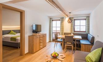 A modern apartment with a cozy living area and a dining space. The room has large windows and a warm wooden floor.