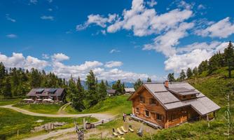 An idyllic alpine pasture with two wooden buildings surrounded by green meadows and trees. The sky is blue with a few white clouds.