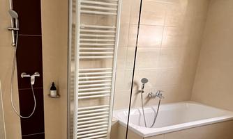 A modern bathroom with a shower and a bathtub. The walls are bright and the tiles are in dark tones.