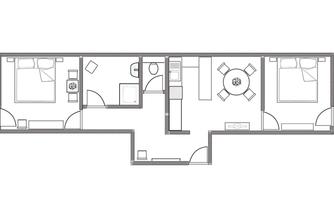 A schematic representation of an apartment. The plans show two bedrooms, a bathroom, and a living area with a dining space.