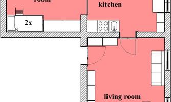 An apartment floor plan with multiple rooms, including bedroom, bathroom, kitchen, and living room. The rooms are clearly delineated and color-coded.