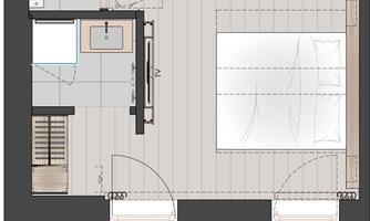 A room design for room 106 with a bathroom, a table, and a double bed. The room has a modern layout and a bright, welcoming design.