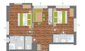 A floor plan of an apartment with two bedrooms, an open living area, and two bathrooms. The floor is depicted with wooden planks, and the furniture is simply arranged.